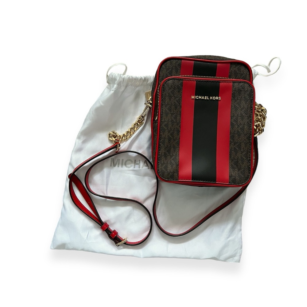 BNWT MICHAEL KORS Medium Logo Stripe Chain Crossbody Brown Red + DustBag